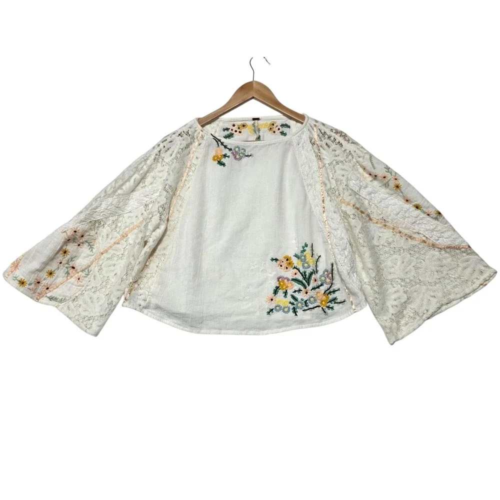 Free People Embroidered Lace Bell Sleeve Top Womens S White Floral Boho Crop